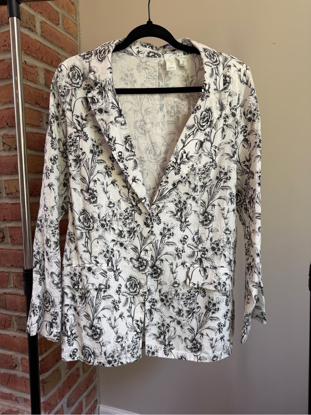 Joie 100% Linen Floral Print Single Button Blazer Jacket - Beige & Black - Picture 2 of 6